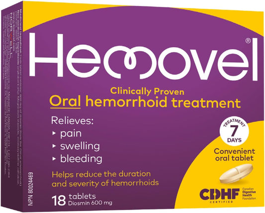 Hemovel 痔疮口服治疗 - 经临床验证，有效且方便地治疗内痔和外痔，缓解疼痛、肿胀和出血 - 18 片