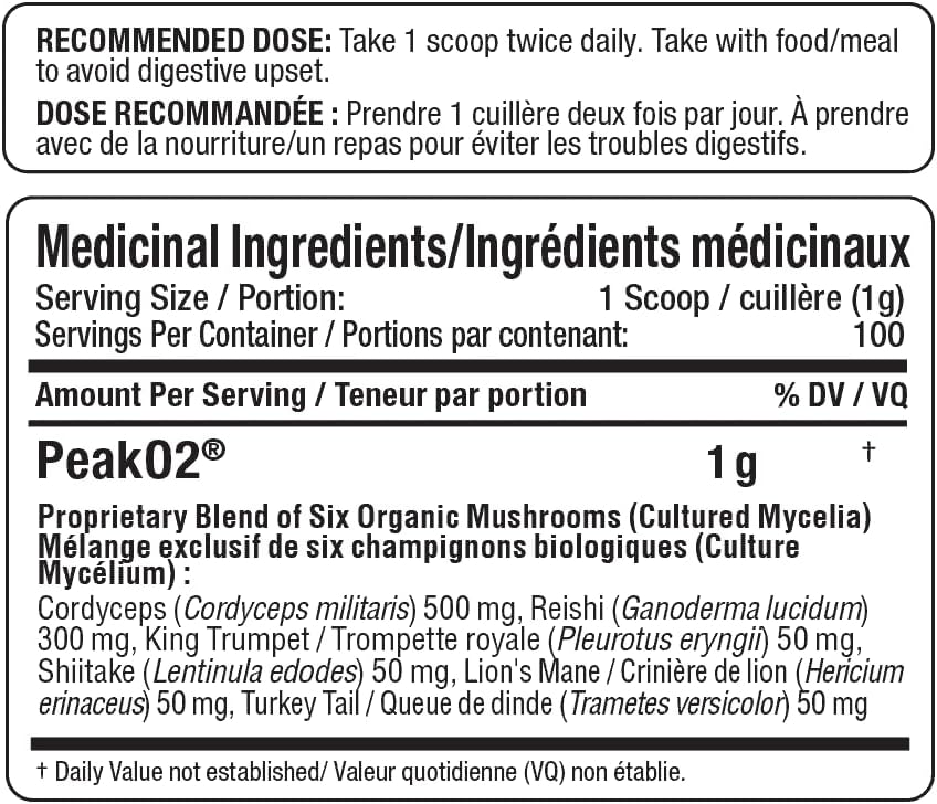 ALLMAX Essentials PEAKO2 – 有机适应原蘑菇混合物，支持耐力、力量和免疫健康，无麸质，素食 – 100 克（100 份）