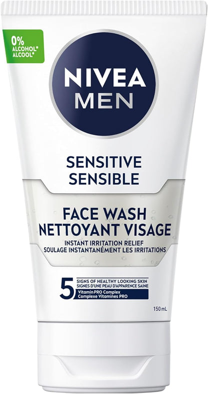 NIVEA MEN Sensitive Skin Face Wash, Soap-Free Gentle Face Cleanser with Chamomile and Vitamin E, Men's Face Wash for Sensitive Skin, No Drying Alcohol, Dermatologically-Tested Skin Care, 150mL