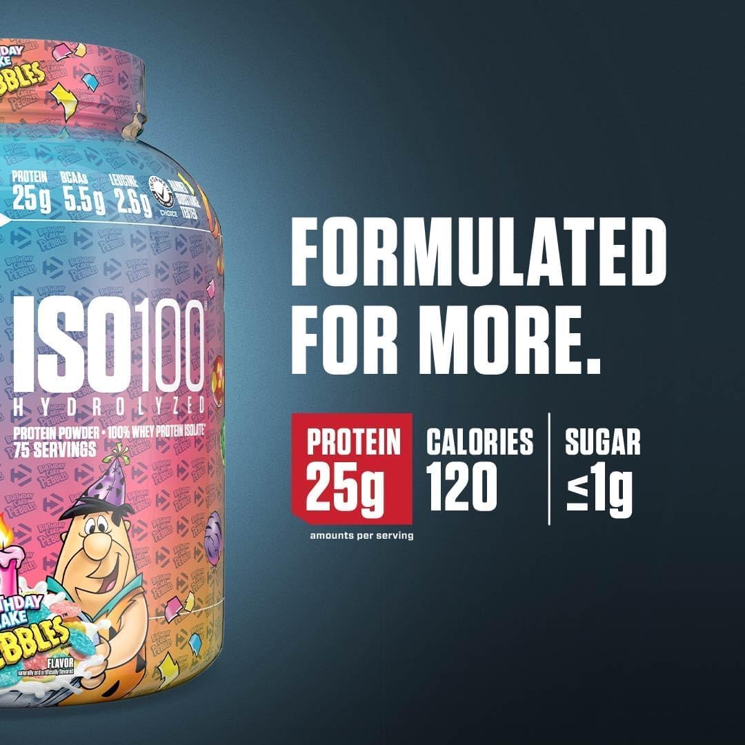 Dymatize ISO100 Hydrolyzed Protein Powder, 100% Whey Isolate Protein, 25g of Protein, 5.5g BCAAs, Gluten Free, Fast Absorbing, Easy Digesting, Birthday Pebbles, 20 Servings