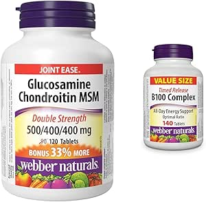 Webber Naturals 氨基葡萄糖软骨素 MSM，双倍强度，120 片，有助于缓解关节疼痛；以及维生素 B100 复合物，定时释放，140 片，支持能量产生和新陈代谢，纯素食。