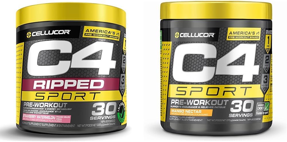C4 Ripped Sport 草莓西瓜味运动前粉，Informed-Choice 认证运动前粉能量运动前粉，芒果汁蜜