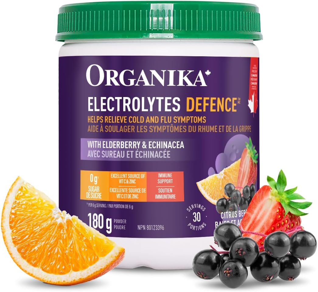 Organika 加拿大制造电解质防御剂，含接骨木莓和紫锥菊 - 柑橘浆果 - 免疫系统支持，无糖补水和电解质补充 - 180 克