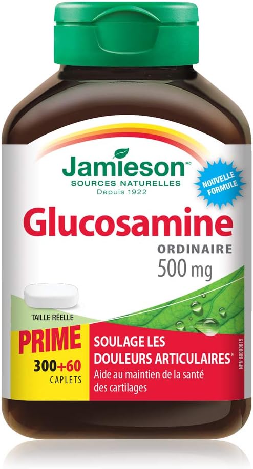 Jamieson 葡萄糖胺 500 毫克胶囊，加量装，缓解骨关节炎相关关节疼痛，并防止软骨退化。非转基因，无麸质，360 粒胶囊，加拿大制造