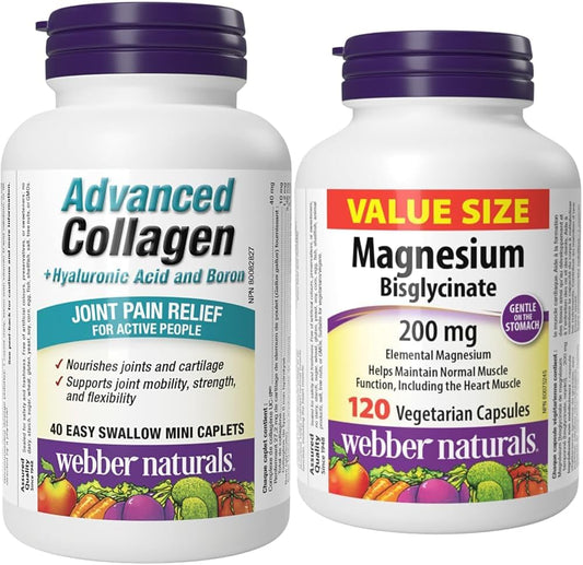Webber Naturals 高級膠原蛋白，含透明質酸和硼，40 粒迷你膠囊和雙甘氨酸鎂 200 毫克，120 粒膠囊，支持骨骼和肌肉功能，純素