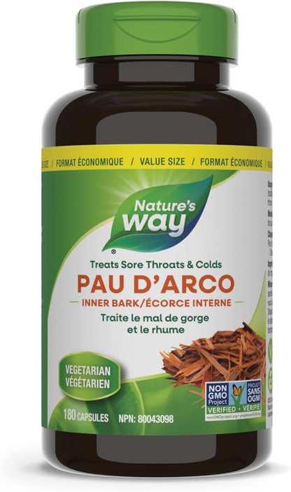 Nature's Way 保哥樹皮內皮膠囊 - 緩解喉嚨痛和感冒 - 成人草本補充劑 - 非基因改造認證 - 180 粒素食膠囊，超值裝