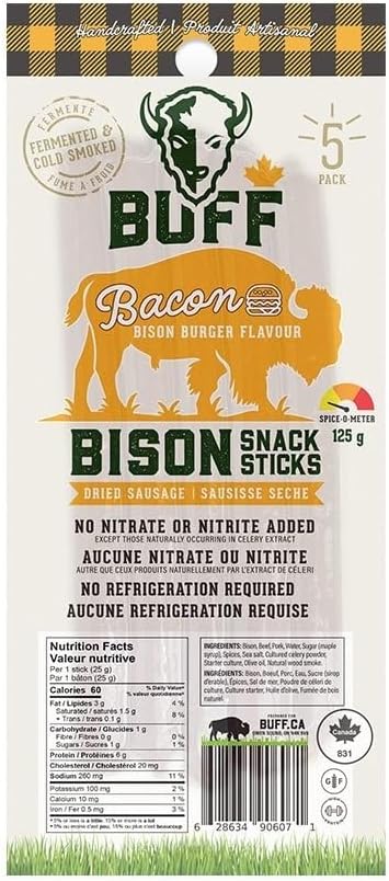 野牛培根漢堡肉條，加拿大草飼蛋白質零食，每包 5 條，125 公克