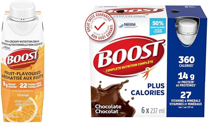 Boost 水果味饮料橙味，237 毫升，24 支装 & PLUS 全营养饮料，巧克力味，6x237 毫升瓶装，每箱 4 支装，包装可能有所不同