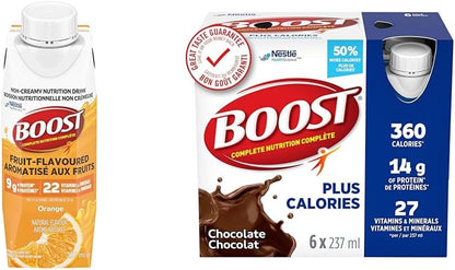 Boost 水果味饮料橙味，237 毫升，24 支装 & PLUS 全营养饮料，巧克力味，6x237 毫升瓶装，每箱 4 支装，包装可能有所不同