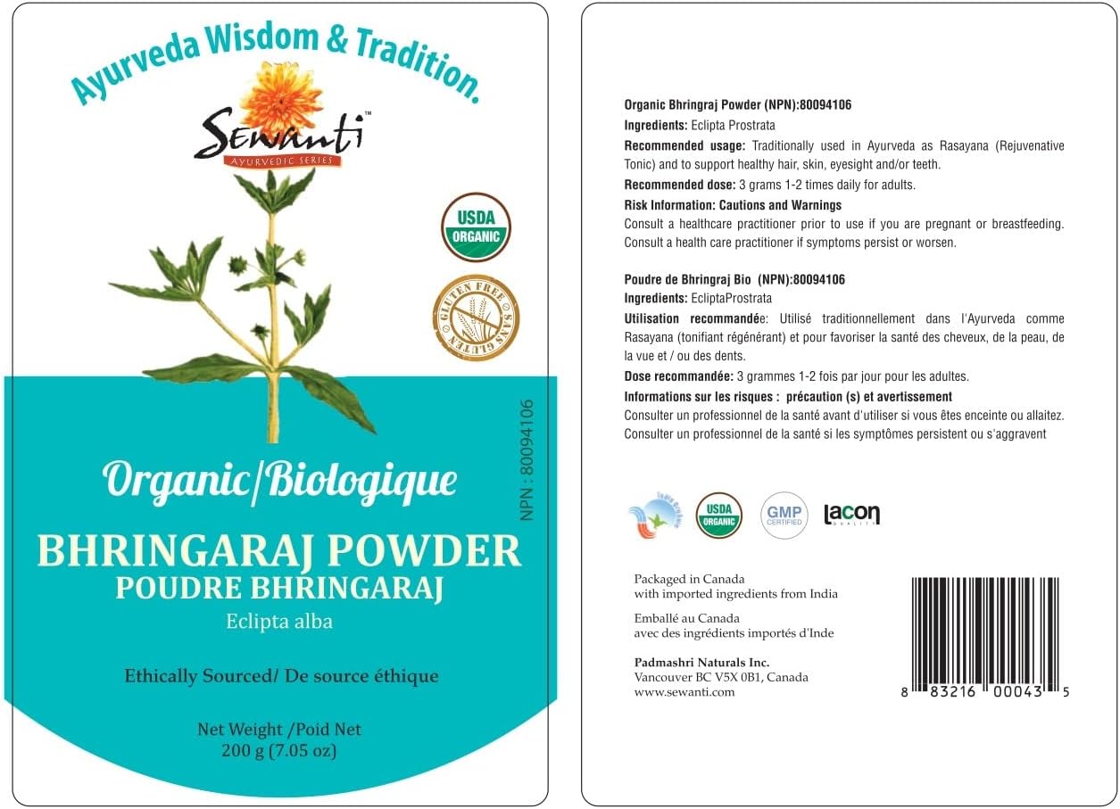 有机 Bhringaraj/Bhringraj 粉末 200g/ NPN 80094106 / Eclipta Prostrata/用于健康的头发、皮肤和牙齿