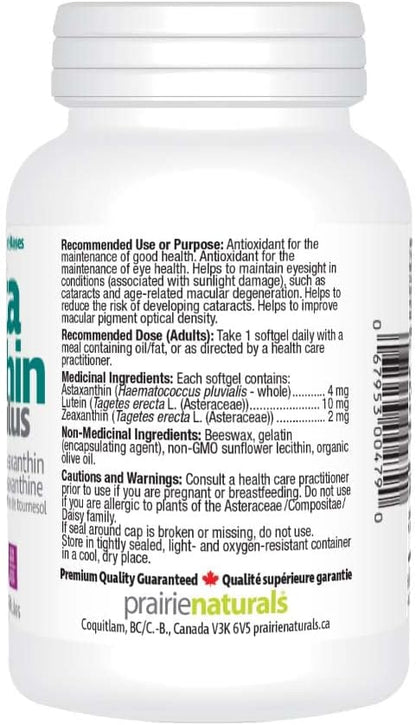 Prairie Naturals Astaxanthin Plus 4mg 蝦紅素、葉黃素和玉米黃質軟膠囊有助於維持視力、預防白內障和老年性黃斑部病變、降低白內障的風險、改善黃斑…