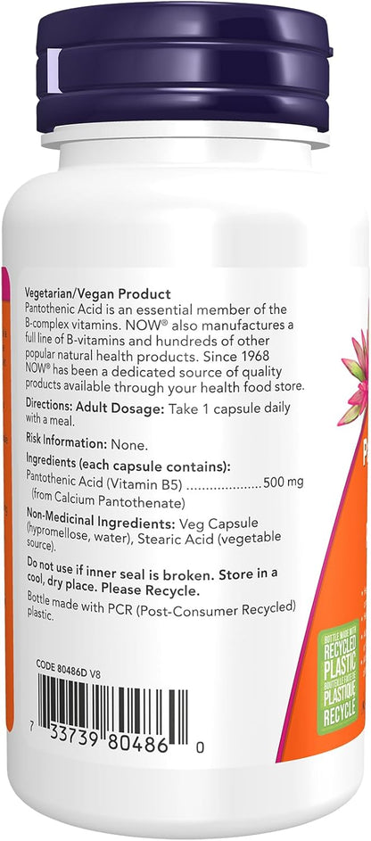 NOW Supplements, 泛酸（维生素 B-5）500 毫克，B 族维生素，100 粒胶囊