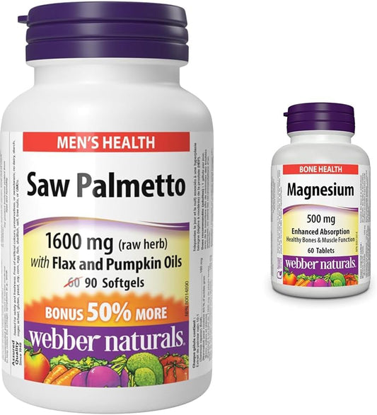 Webber Naturals Saw Palmetto 160 mg, Contains Flax and Pumpkin Oil, 90 Softgel & Magnesium 500 mg, 60 Tablets, Enhanced Absorption Mineral, Supports Bone and Muscle Functions, Vegan