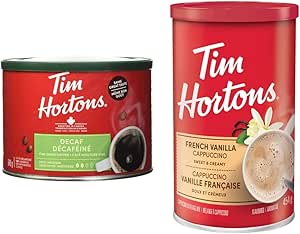 Tim Hortons Decaf, Fine Grind Coffee, Medium Roast, 640g Can & Tim Horton's Instant Cappuccino, French Vanilla, 16 Ounce