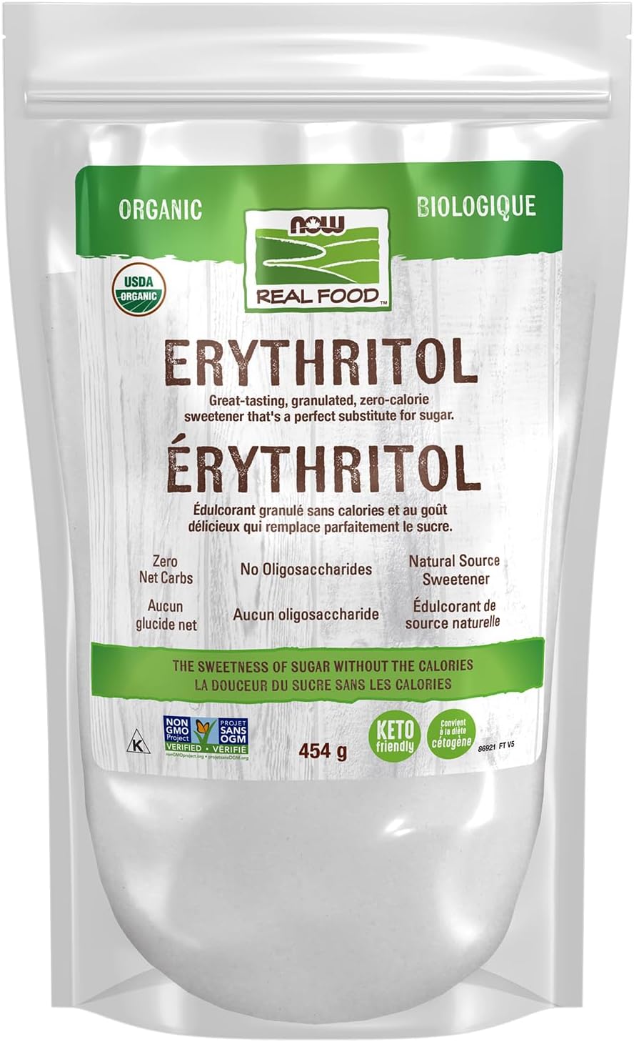 NOW Real Food, Organic Erythritol, Pleasant Sweetner for Reduced-Calorie and Sugar-Free Recipes, Zero-Calorie, Low Glycemic Impact, 454g