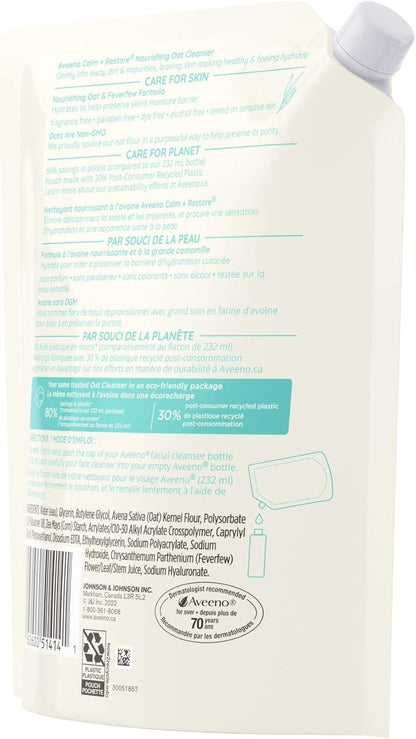 Aveeno Calm + Restore Nourishing Oat Facial Cleanser for Sensitive Skin, Gentle Gel Face Wash with Nourishing Oat & Calming Feverfew, Hypoallergenic, Fragrance- & Paraben-Free, 232mL (Packaging May Vary)