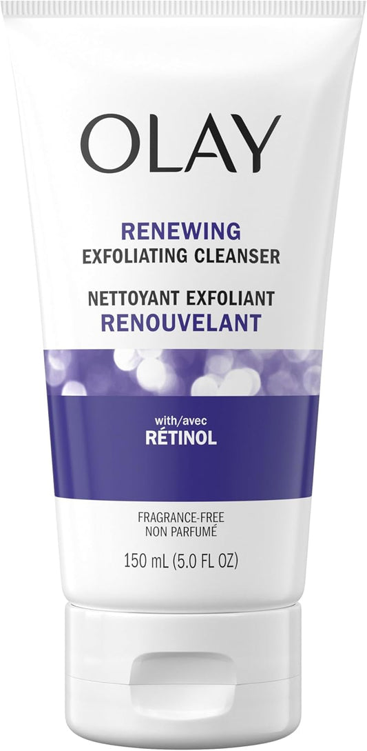 Olay Renewing Retinol Face Cleanser, Exfoliating Face Wash with Retinoid Complex Deep Cleans and Renews Skin Surface, Fragrance Free, 150 mL