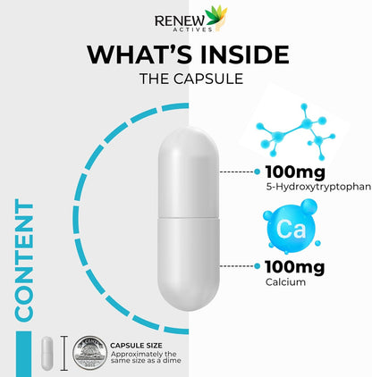 RENEW ACTIVES 5-HTP 200MG 和 328MG 鈣補充劑，每 2 粒膠囊 - 天然助眠劑，促進情緒平衡和放鬆 - 有助於維持骨骼和肌肉健康 - 加拿大製造 - 120 粒膠囊