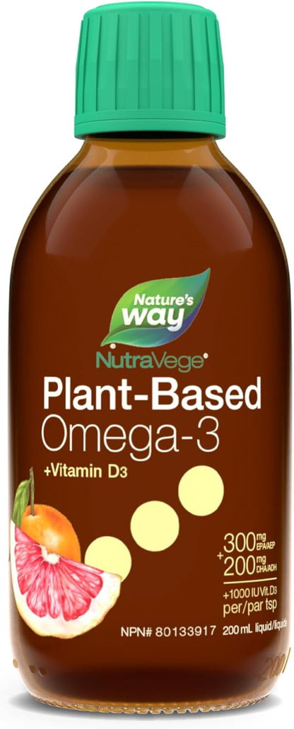 Nature's Way NutraVege+D 植物性 Omega-3，純素維生素 D 補充劑，素食，來自藻油的 EPA + DHA，葡萄柚橘子，200 毫升液體