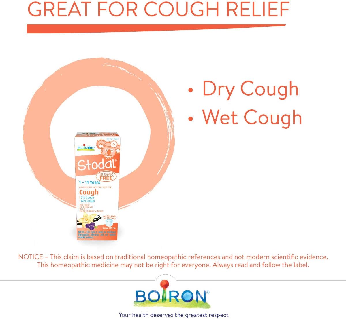 Boiron Stodal 儿童无糖，125ml，香草和黑莓口味，干咳和湿咳顺势疗法药物