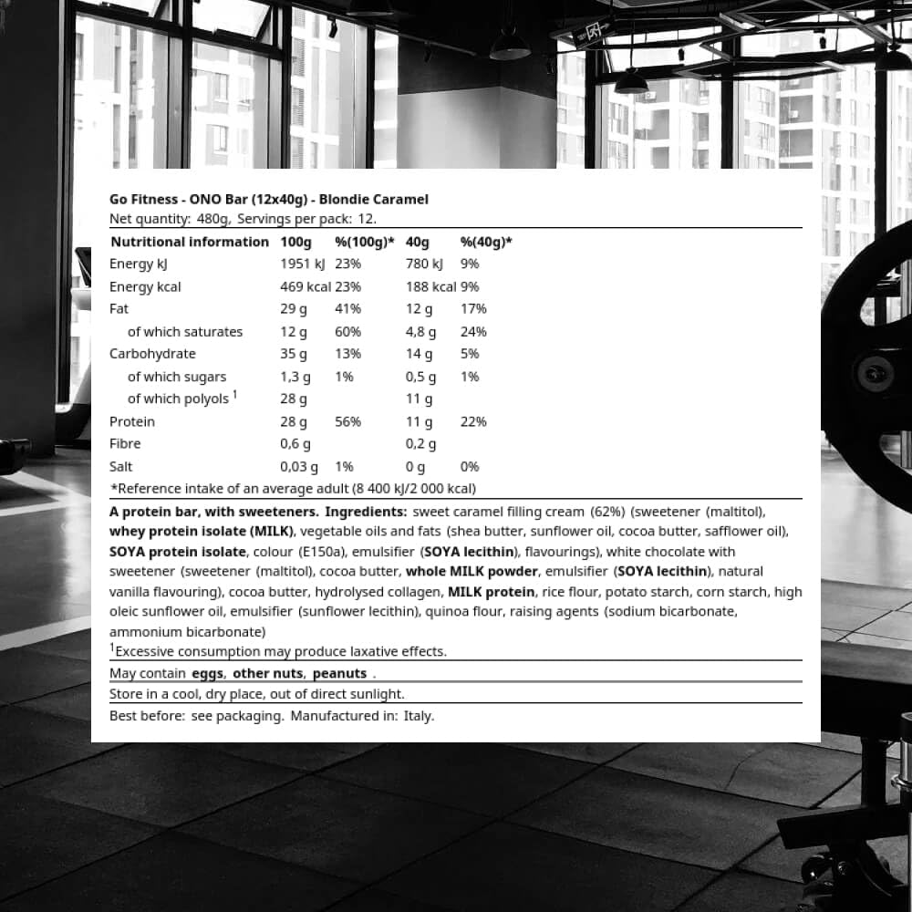 GoFitness Nutrition ONO Bar 金髮焦糖口味 - 12x40克裝 - 高蛋白健身棒，支持肌肉生長、提升能量，也是健康零食