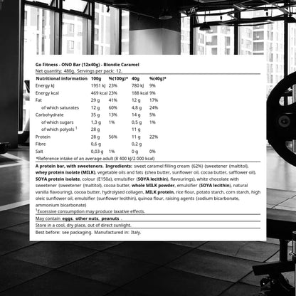 GoFitness Nutrition ONO Bar 金髮焦糖口味 - 12x40克裝 - 高蛋白健身棒，支持肌肉生長、提升能量，也是健康零食