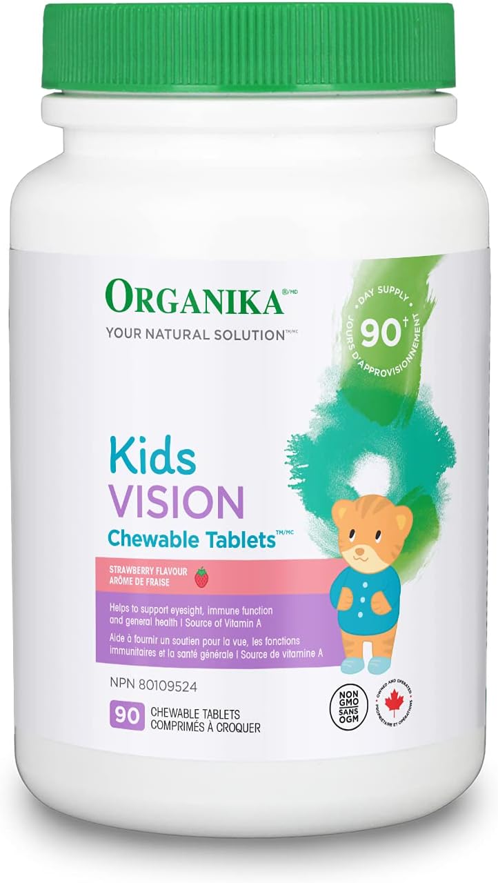 Organika 儿童视力咀嚼片草莓味 - 维生素 A、β-胡萝卜素，支持功能和发育 - 90 片