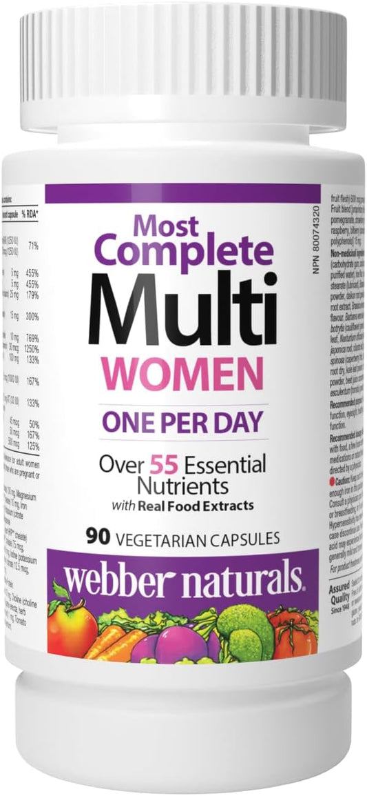 Webber Naturals Most Complete Multi For Women, 90 Capsules, One-Per-Day, Over 55 Vitamins, Minerals, and Whole Food Fruit and Vegetable Sources per Capsule, Vegetarian