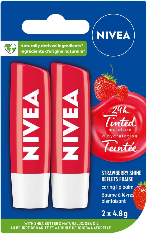 NIVEA Hydro Care 潤唇膏和 NIVEA Strawberry Shine 潤唇膏套裝（2 x 4.8g）| 24 小時保濕