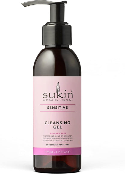 Sukin Sensitive Cleansing Gel – Face Wash for Sensitive Combination or Oily Skin with Green Tea, Aloe Vera and Vanilla, Vegan, Cruelty Free, Mineral Oil Free, Sulfate Free, Paraben Free – 125 mL