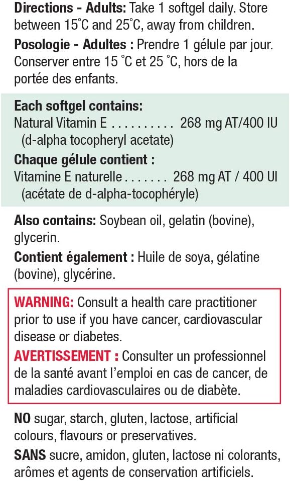 Jamieson 维生素 E 400 国际单位软胶囊，天然抗氧化剂，有助于预防组织损伤和维生素 E 缺乏症。不含麸质，不含人工香料、色素或防腐剂，120 粒装，加拿大制造