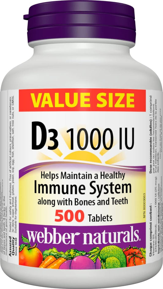 Webber Naturals Vitamin D3 1000 IU, 500 Tablets, For Healthy Bones, Teeth, and the Maintenance of Good Health & Vitamin E 400 IU, 120 Softgels, Natural Source of Vitamin E, Antioxidant Support