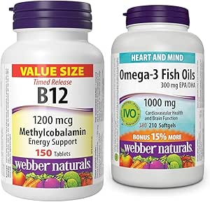 Webber Naturals 維生素 B12 1200 微克，定時釋放，150 片，Omega-3 魚油 1,000 毫克，210 粒軟膠囊，支持心血管健康和大腦功能