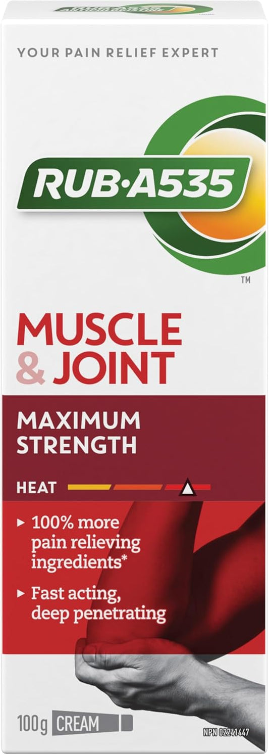Rub-A535 Muscle & Joint Max Strength Pain Relief Cream - Made in Canada, Fast Acting Pain Relief, 100% More Pain Relieving Ingredients, Stainless and Greaseless, Works on Contact - 100g