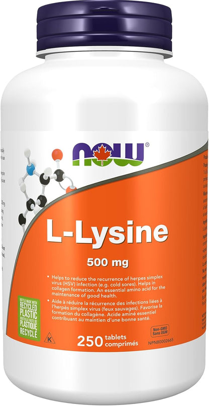 NOW Supplements, L-賴氨酸（L-賴氨酸鹽酸鹽）500毫克片劑，胺基酸，250片