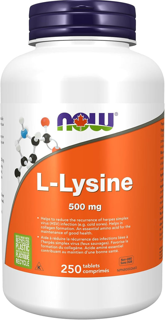 NOW Supplements, L-賴氨酸（L-賴氨酸鹽酸鹽）500毫克片劑，胺基酸，250片