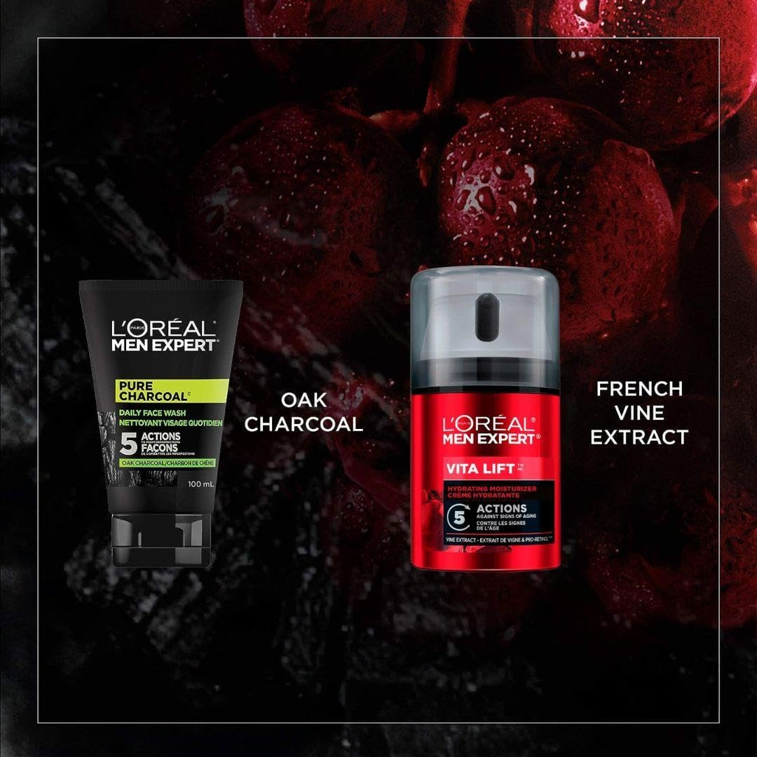 L’Oréal Paris Daily Face Wash + Hydrating Face Cream Kit, Men Expert Skincare, Pure Charcoal Face Wash, Removes Impurities and Reduces Blackheads & Vita Lift Face Cream, Duo Pack