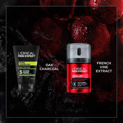 L’Oréal Paris Daily Face Wash + Hydrating Face Cream Kit, Men Expert Skincare, Pure Charcoal Face Wash, Removes Impurities and Reduces Blackheads & Vita Lift Face Cream, Duo Pack