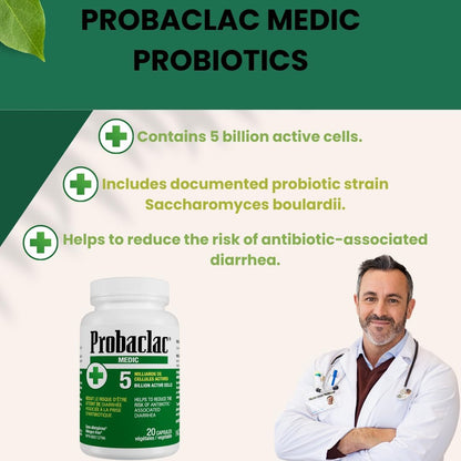Probaclac Medic 益生菌 - 20 粒植物膠囊，50 億活性細胞 - 布拉氏酵母菌，用於緩解抗生素相關腹瀉 - 經臨床驗證，無過敏原，無需冷藏 (1)