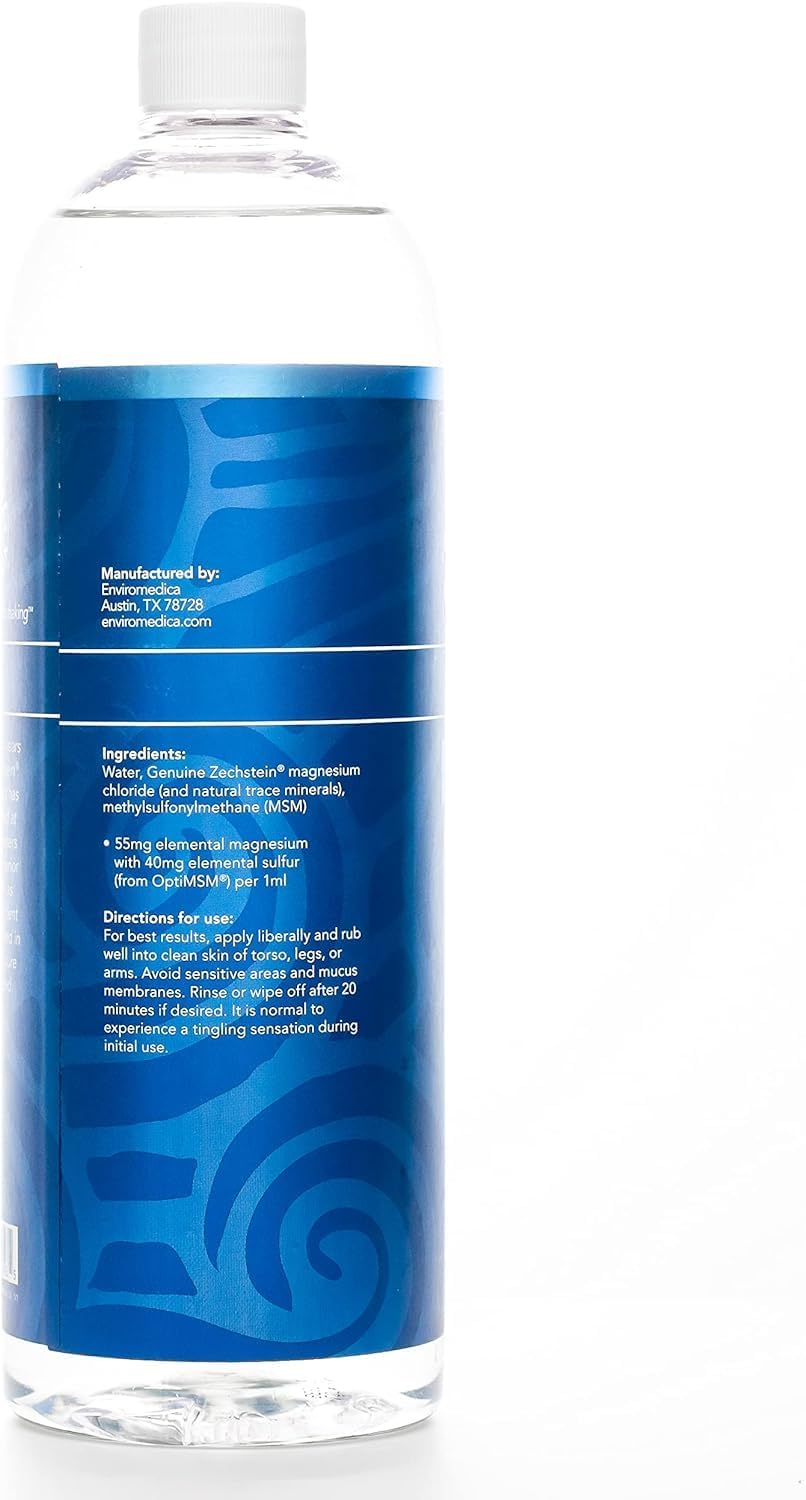 Ancient Minerals 镁油喷雾 ULTRA，含 MSM - 纯 Zechstein 外用氯化镁补充剂，添加 OptiMSM 功效 - 补充装 33.8 盎司（1 升）