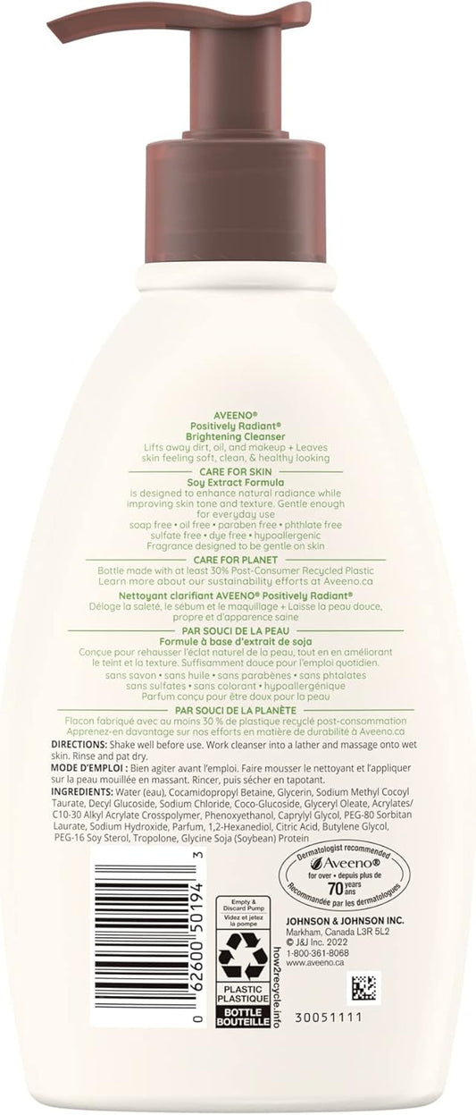 Aveeno Positively Radiant Brightening Cleanser - Makeup Remover, Soy Extract Face Cleanser, Remove Oil, Smooth Skin Tone - 325mL