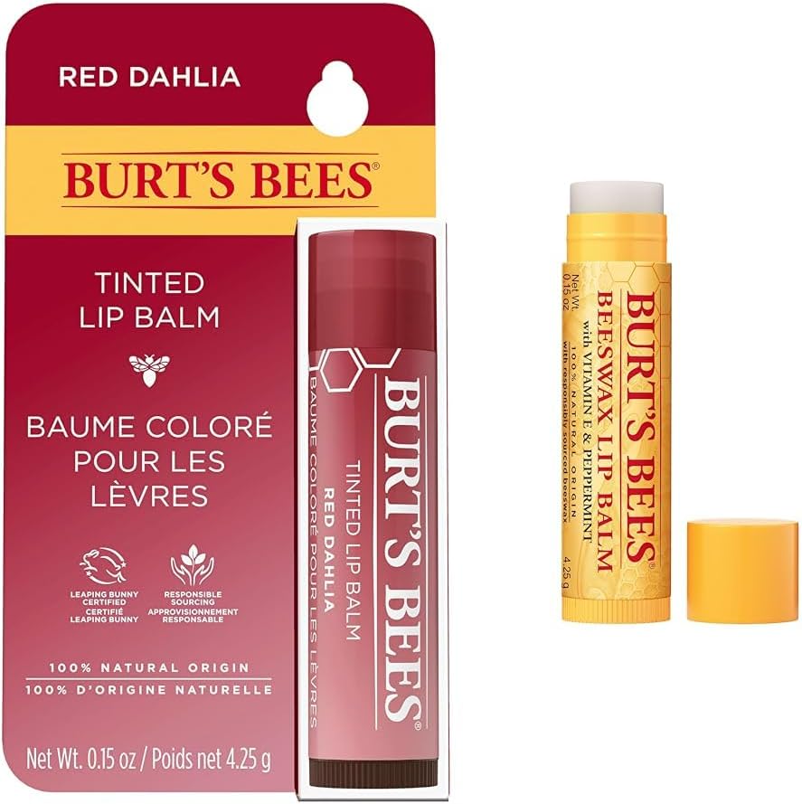 Burt's Bees 有色單支潤唇膏 紅色大麗花 + 天然保濕單支潤唇膏 含維生素 E 和薄荷單支潤唇膏 | Tint & Balm Duo
