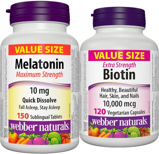 Webber Naturals Melatonin 10 mg Maximum Strength & Biotin 10,000 mcg Extra Strength, 120 Capsules, Supports Healthy Hair, Skin & Nails, Energy Metabolism, Vegan