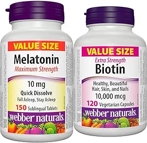 Webber Naturals Melatonin 10 mg Maximum Strength & Biotin 10,000 mcg Extra Strength, 120 Capsules, Supports Healthy Hair, Skin & Nails, Energy Metabolism, Vegan