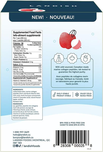Landish Marine Collagen Sparkling Water Drink - Apple Lychee Flavour - 5 g Wild Canadian Marine Collagen - 0 g Sugar - 355 ml (6-Pack)