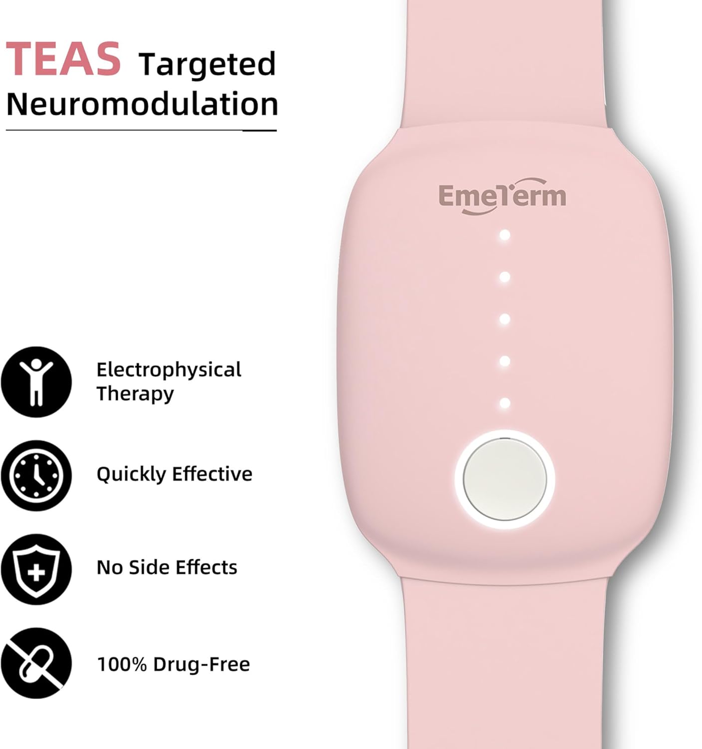 EmeTerm Fashion Pink FDA Cleared Relieve Nausea Electrode Stimulator Morning Sickness Motion Travel Sickness Vomit Relief Rechargeable No Gel Drug Free Wrist Bands Without Side Effects