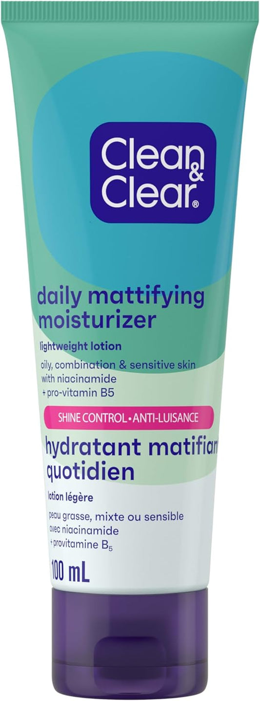 Clean & Clear Daily Mattifying Facial Moisturizer, Shine Control Face Lotion with Niacinamide & Pro-Vitamin B5 for Oily, Combination, & Sensitive Skin Care, Non-Comedogenic, 100 ml