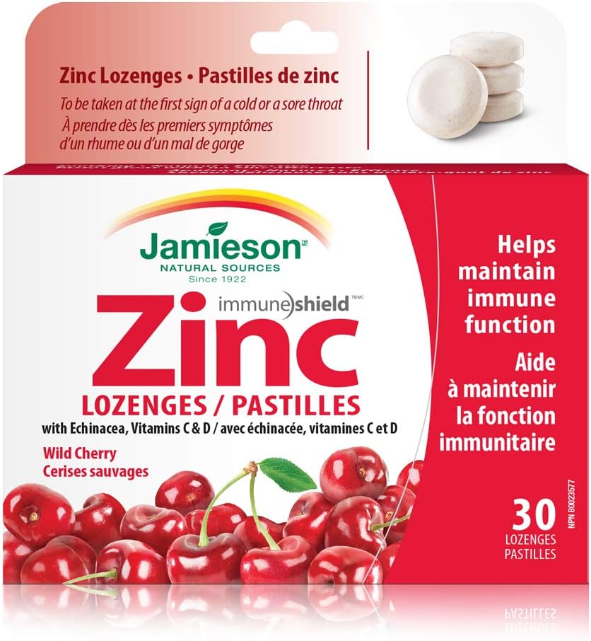 Jamieson Zinc Lozenges Wild Cherry Flavour, with Echinacea, Vitamin C and Vitamin D3, Soothes Sore Throat, and Provides Cold and Flu Symptom Relief. Gluten-Free, No Artificial Colours, Flavours or Preservatives, 30 Count…