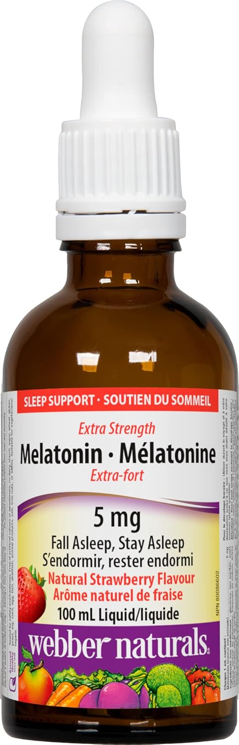 Webber Naturals Melatonin 5 mg Extra Strength Liquid, 100 mL, Strawberry Flavour, For Sleep Support, Vegan