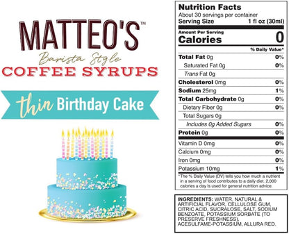 Matteo's Barista 风格无糖咖啡糖浆，生日蛋糕口味，零卡路里和糖，适合生酮饮食，非常适合拿铁、卡布奇诺、浓缩咖啡、美式咖啡，口感浓郁，25.4 盎司 1 包